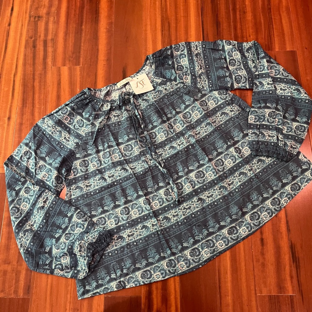 LoveShackFancy Peasant Blouse Blue Multi Floral Cotton Top New NWT Size Medium